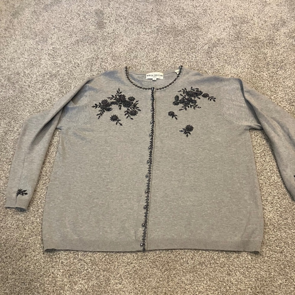 Marisa Christina Woman Gray Beaded Floral Cotton Cardigan Sweater 2X Grandmacore